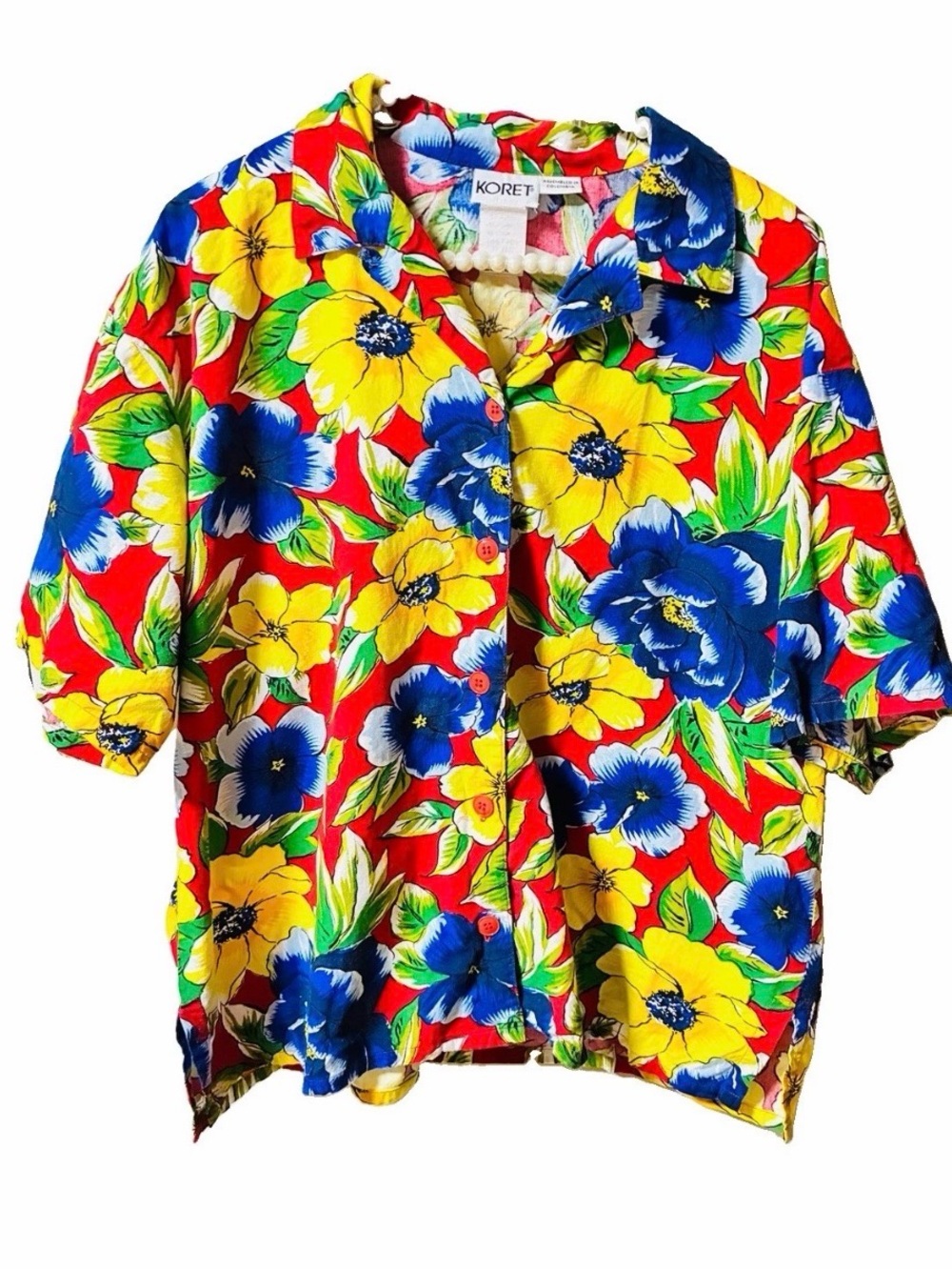 VTG 80s Tropical Floral Short Set/ Shorts With Pkts , Elastic Button Shirt Sz M